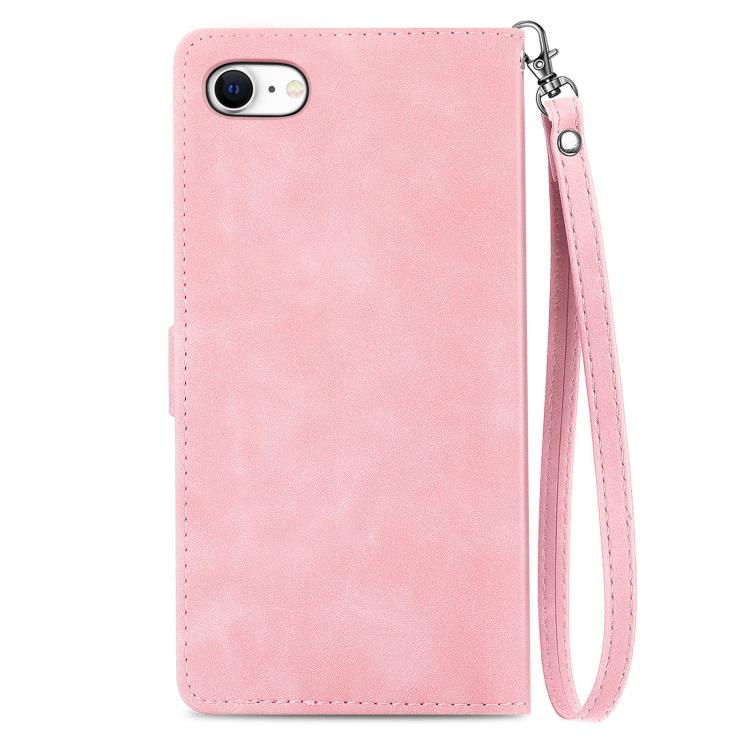 For iPhone 16e Embossed Flower Zipper Leather Phone Case(Pink) - iPhone 16e Cases by buy2fix | Online Shopping UK | buy2fix
