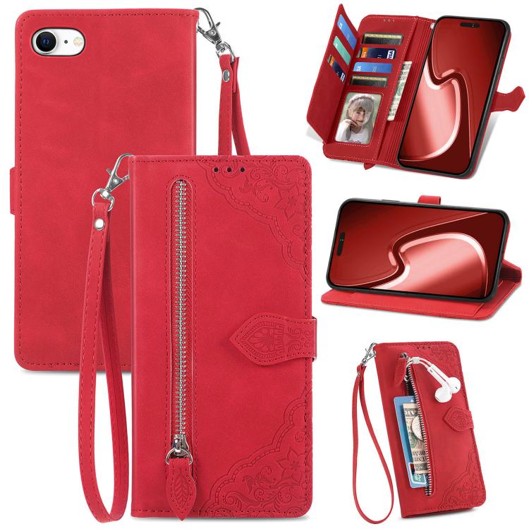For iPhone 16e Embossed Flower Zipper Leather Phone Case(Red) - iPhone 16e Cases by buy2fix | Online Shopping UK | buy2fix