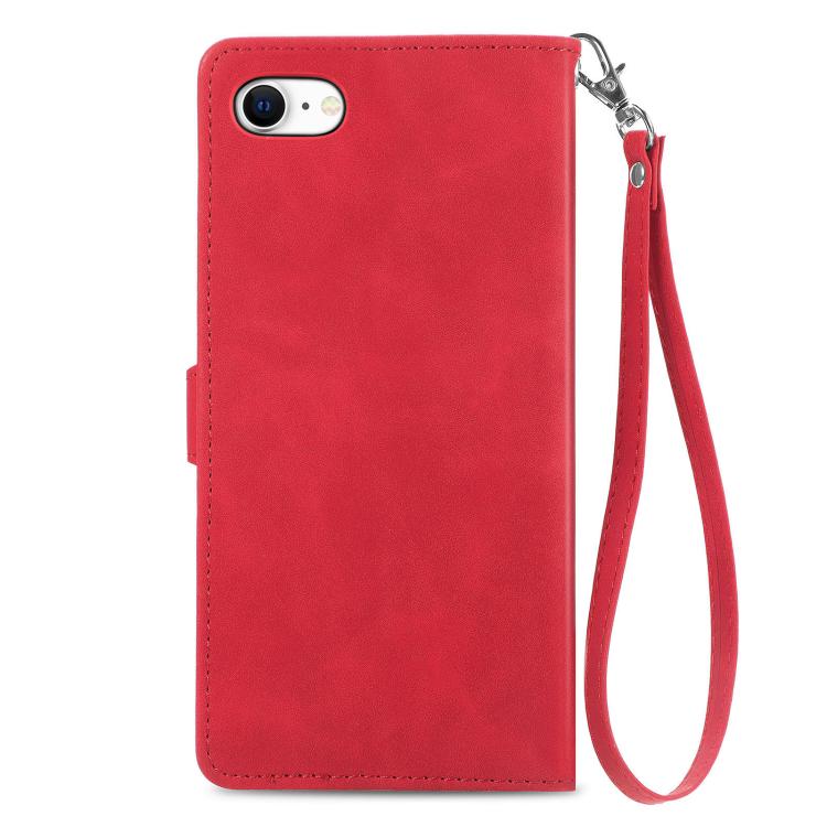 For iPhone 16e Embossed Flower Zipper Leather Phone Case(Red) - iPhone 16e Cases by buy2fix | Online Shopping UK | buy2fix