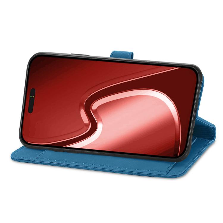 For iPhone 16e Embossed Flower Zipper Leather Phone Case(Blue) - iPhone 16e Cases by buy2fix | Online Shopping UK | buy2fix