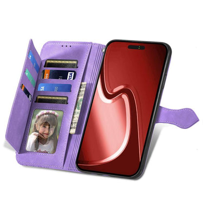 For iPhone 16e Embossed Flower Zipper Leather Phone Case(Purple) - iPhone 16e Cases by buy2fix | Online Shopping UK | buy2fix