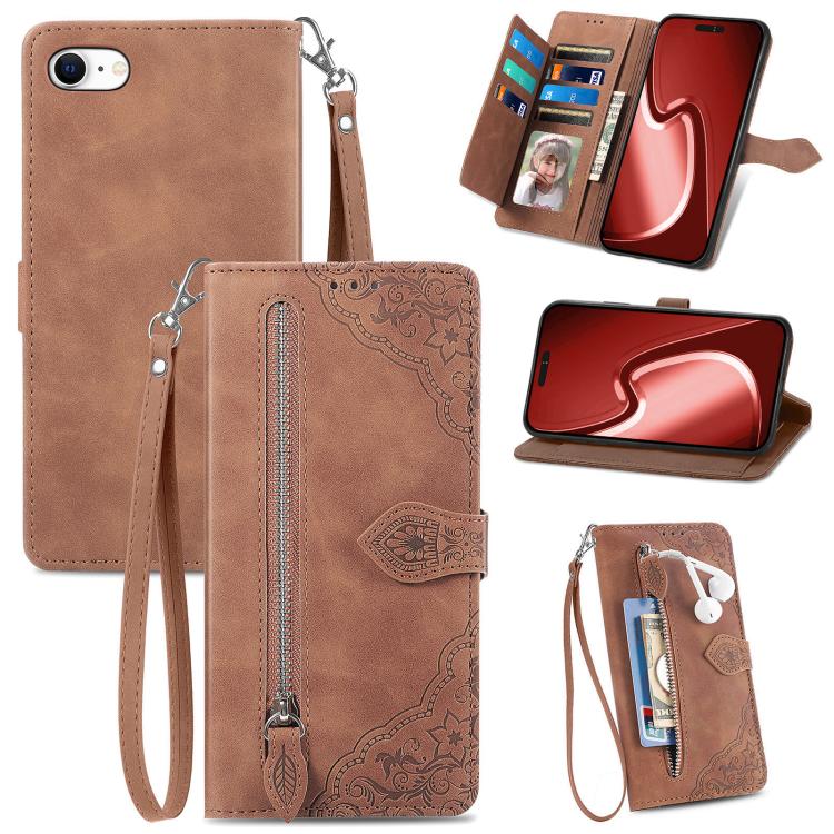 For iPhone 16e Embossed Flower Zipper Leather Phone Case(Brown) - iPhone 16e Cases by buy2fix | Online Shopping UK | buy2fix