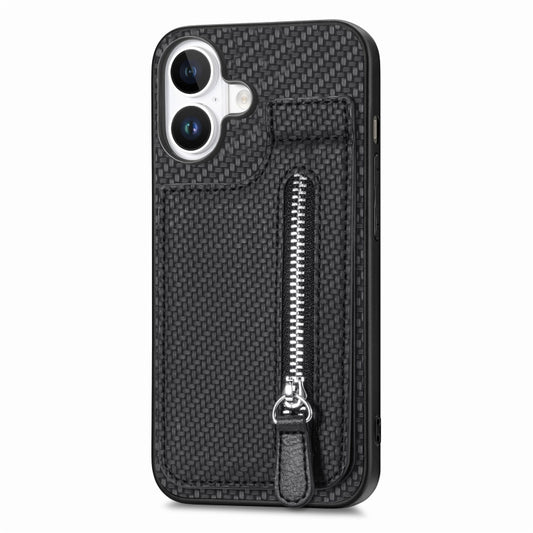 For iPhone 16 Plus Carbon Fiber Vertical Flip Zipper Phone Case(Black) by buy2fix