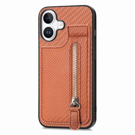 For iPhone 16 Plus Carbon Fiber Vertical Flip Zipper Phone Case(Brown) by buy2fix