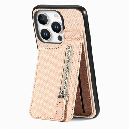 For  iPhone 16 Pro Max Carbon Fiber Vertical Flip Zipper Phone Case(Khaki) - iPhone 16 Pro Max Cases by buy2fix | Online Shopping UK | buy2fix