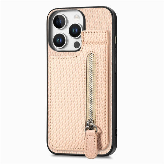 For iPhone 16 Pro Max Carbon Fiber Vertical Flip Zipper Phone Case(Khaki) by buy2fix