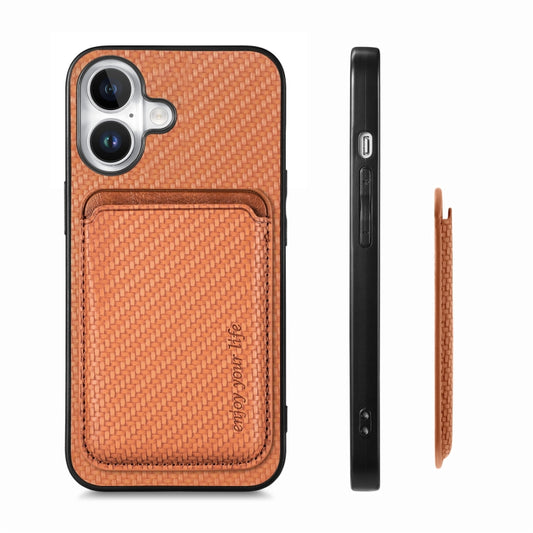 For iPhone 16 Carbon Fiber Leather Card Magsafe Phone Case(Brown) by buy2fix