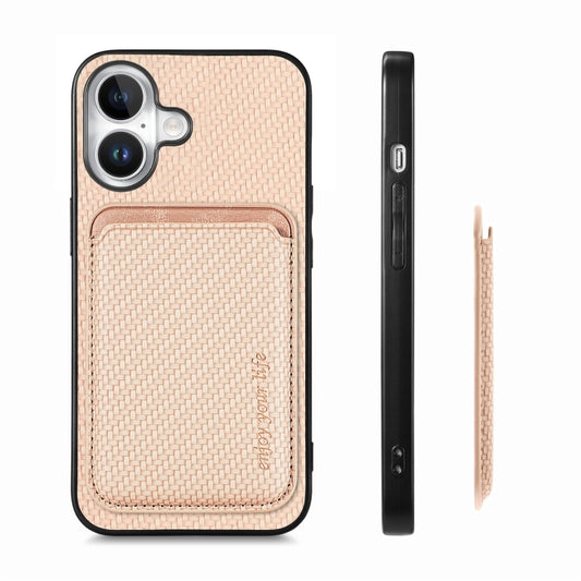 For iPhone 16 Carbon Fiber Leather Card Magsafe Phone Case(Khaki) by buy2fix
