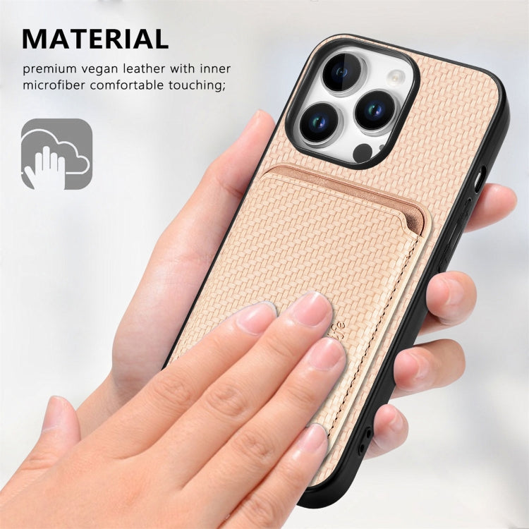 For iPhone 16 Pro Carbon Fiber Leather Card Magsafe Phone Case(Khaki) - iPhone 16 Pro Cases by buy2fix | Online Shopping UK | buy2fix