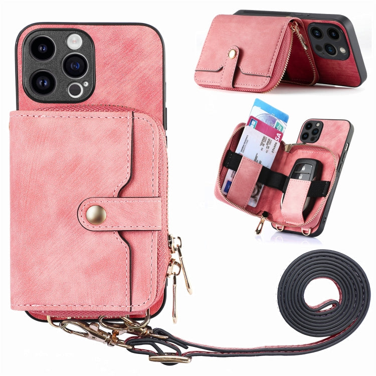 For iPhone 15 Pro Max Crossbody Multi-function Zipper Wallet Phone Case(Pink) - iPhone 15 Pro Max Cases by buy2fix | Online Shopping UK | buy2fix