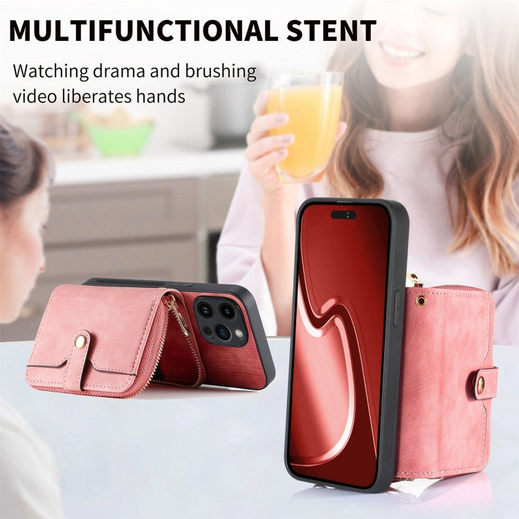 For iPhone 15 Pro Max Crossbody Multi-function Zipper Wallet Phone Case(Pink) - iPhone 15 Pro Max Cases by buy2fix | Online Shopping UK | buy2fix