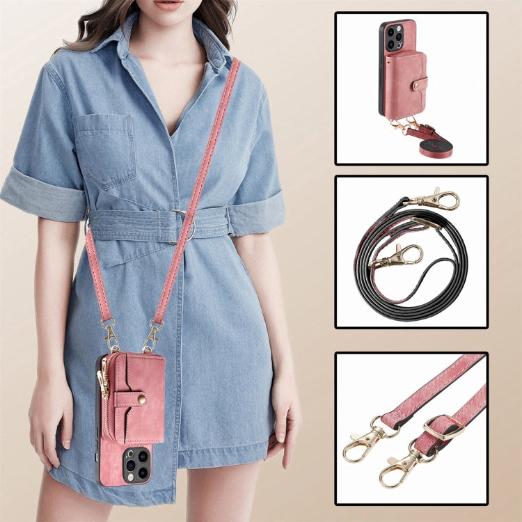 For iPhone 15 Pro Max Crossbody Multi-function Zipper Wallet Phone Case(Pink) - iPhone 15 Pro Max Cases by buy2fix | Online Shopping UK | buy2fix