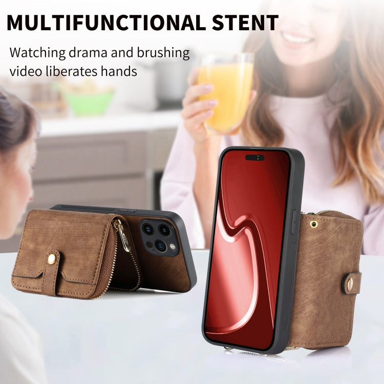 For iPhone 15 Pro Max Crossbody Multi-function Zipper Wallet Phone Case(Brown) - iPhone 15 Pro Max Cases by buy2fix | Online Shopping UK | buy2fix