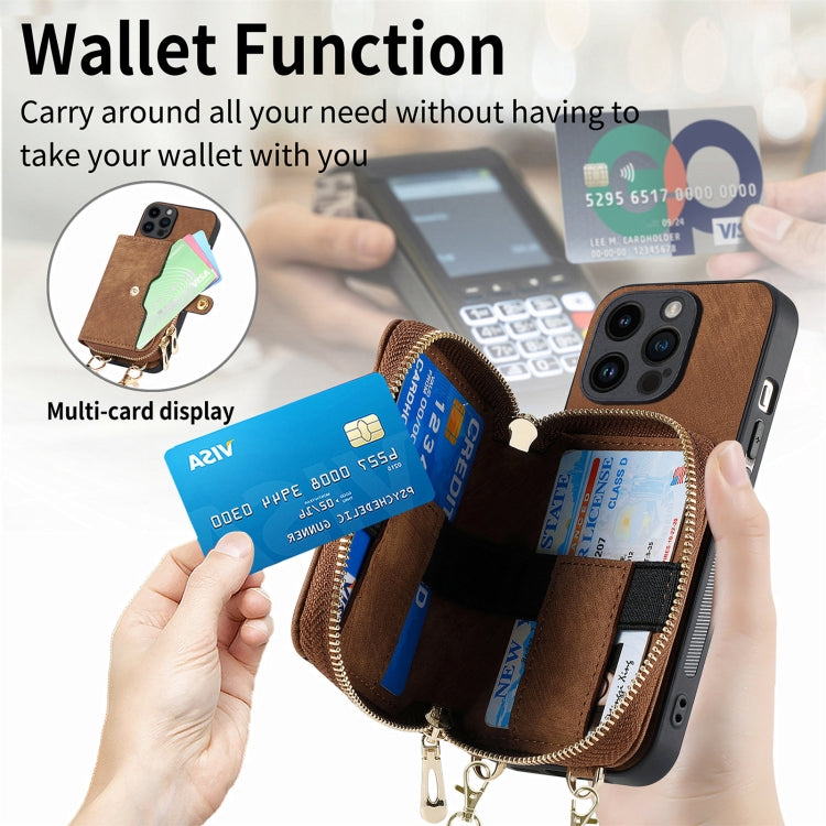For iPhone 15 Pro Max Crossbody Multi-function Zipper Wallet Phone Case(Brown) - iPhone 15 Pro Max Cases by buy2fix | Online Shopping UK | buy2fix