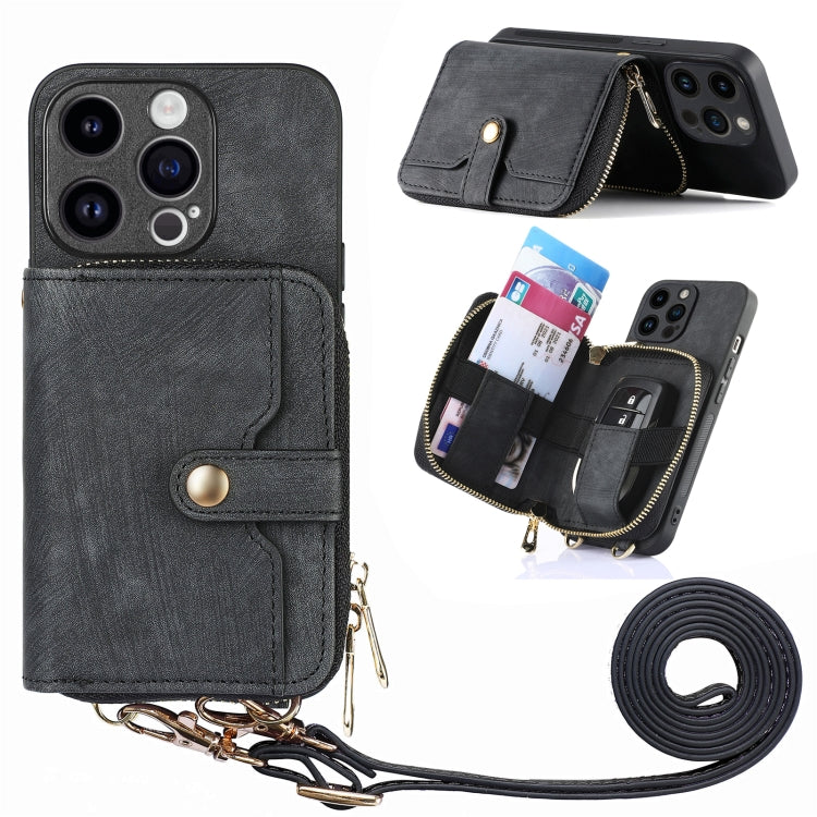 For iPhone 15 Pro Crossbody Multi-function Zipper Wallet Phone Case(Black) - iPhone 15 Pro Cases by buy2fix | Online Shopping UK | buy2fix