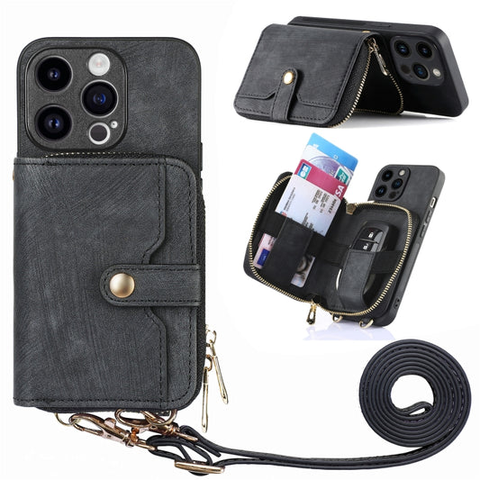 For iPhone 15 Pro Crossbody Multi-function Zipper Wallet Phone Case(Black) - iPhone 15 Pro Cases by buy2fix | Online Shopping UK | buy2fix