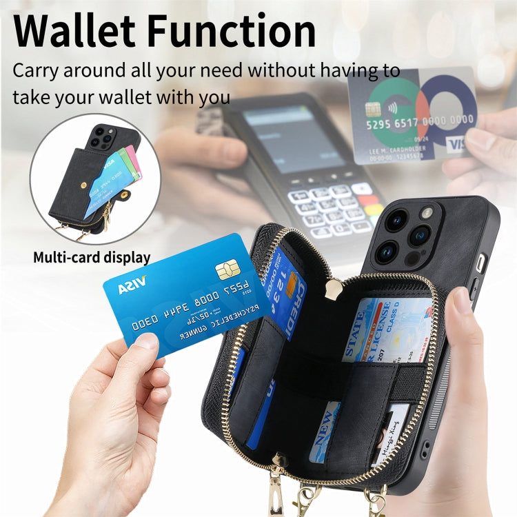 For iPhone 15 Pro Crossbody Multi-function Zipper Wallet Phone Case(Black) - iPhone 15 Pro Cases by buy2fix | Online Shopping UK | buy2fix