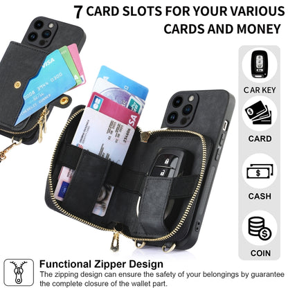 For iPhone 15 Pro Crossbody Multi-function Zipper Wallet Phone Case(Black) - iPhone 15 Pro Cases by buy2fix | Online Shopping UK | buy2fix