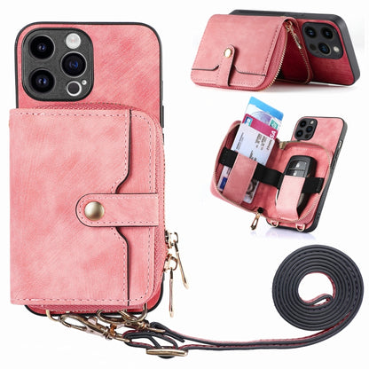 For iPhone 15 Pro Crossbody Multi-function Zipper Wallet Phone Case(Pink) - iPhone 15 Pro Cases by buy2fix | Online Shopping UK | buy2fix