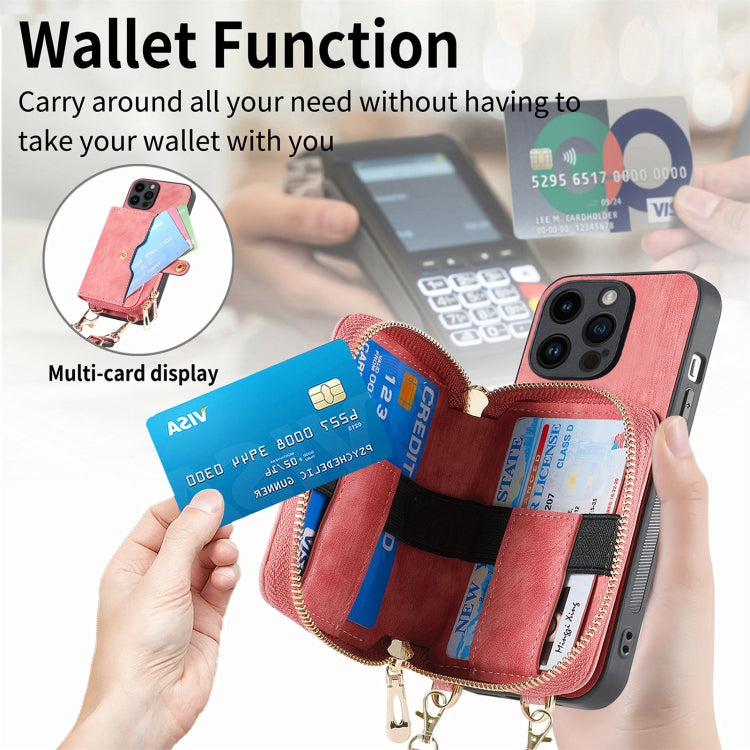 For iPhone 15 Pro Crossbody Multi-function Zipper Wallet Phone Case(Pink) - iPhone 15 Pro Cases by buy2fix | Online Shopping UK | buy2fix