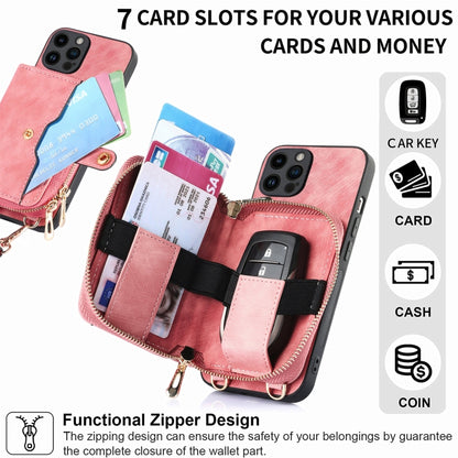 For iPhone 15 Pro Crossbody Multi-function Zipper Wallet Phone Case(Pink) - iPhone 15 Pro Cases by buy2fix | Online Shopping UK | buy2fix