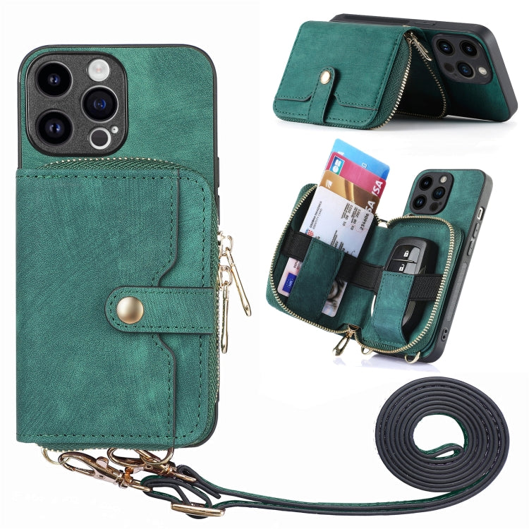 For iPhone 15 Pro Crossbody Multi-function Zipper Wallet Phone Case(Green) - iPhone 15 Pro Cases by buy2fix | Online Shopping UK | buy2fix