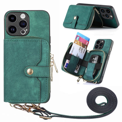 For iPhone 15 Pro Crossbody Multi-function Zipper Wallet Phone Case(Green) - iPhone 15 Pro Cases by buy2fix | Online Shopping UK | buy2fix