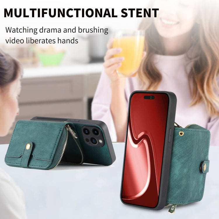 For iPhone 15 Pro Crossbody Multi-function Zipper Wallet Phone Case(Green) - iPhone 15 Pro Cases by buy2fix | Online Shopping UK | buy2fix