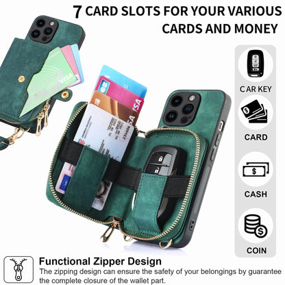 For iPhone 15 Pro Crossbody Multi-function Zipper Wallet Phone Case(Green) - iPhone 15 Pro Cases by buy2fix | Online Shopping UK | buy2fix