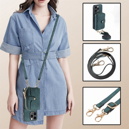 For iPhone 15 Pro Crossbody Multi-function Zipper Wallet Phone Case(Green) - iPhone 15 Pro Cases by buy2fix | Online Shopping UK | buy2fix