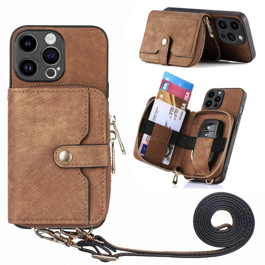 For iPhone 15 Pro Crossbody Multi-function Zipper Wallet Phone Case(Brown)