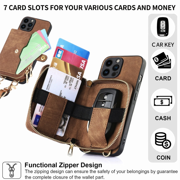 For iPhone 15 Pro Crossbody Multi-function Zipper Wallet Phone Case(Brown) - iPhone 15 Pro Cases by buy2fix | Online Shopping UK | buy2fix