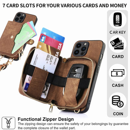 For iPhone 15 Pro Crossbody Multi-function Zipper Wallet Phone Case(Brown) - iPhone 15 Pro Cases by buy2fix | Online Shopping UK | buy2fix