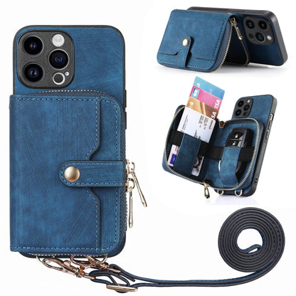 For iPhone 15 Pro Crossbody Multi-function Zipper Wallet Phone Case(Blue) - iPhone 15 Pro Cases by buy2fix | Online Shopping UK | buy2fix