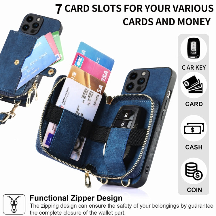 For iPhone 15 Pro Crossbody Multi-function Zipper Wallet Phone Case(Blue) - iPhone 15 Pro Cases by buy2fix | Online Shopping UK | buy2fix