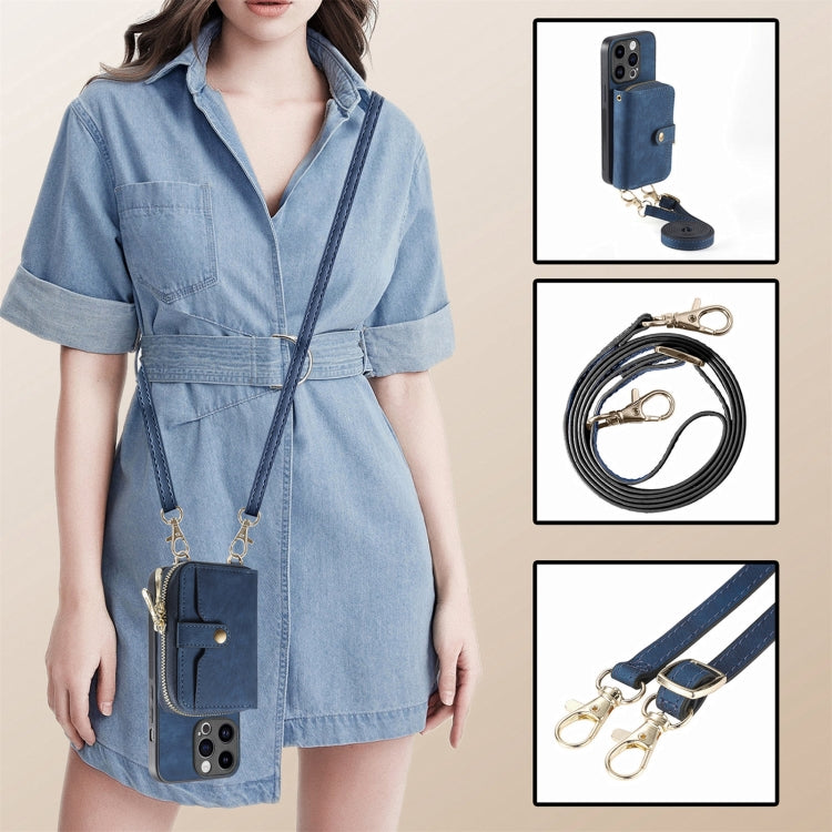 For iPhone 15 Pro Crossbody Multi-function Zipper Wallet Phone Case(Blue) - iPhone 15 Pro Cases by buy2fix | Online Shopping UK | buy2fix