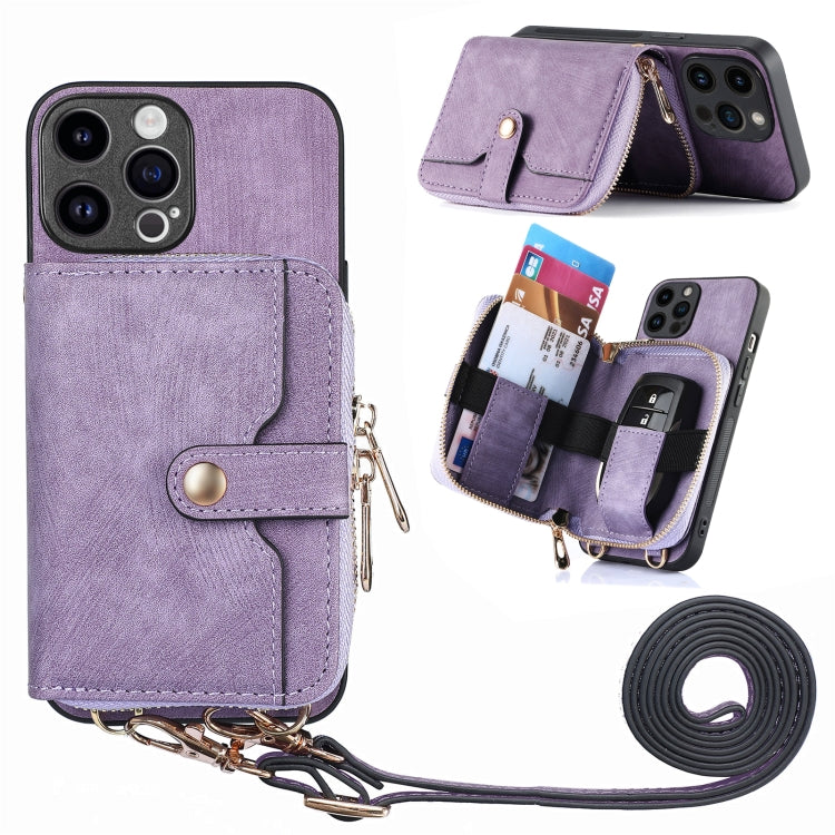 For iPhone 15 Pro Crossbody Multi-function Zipper Wallet Phone Case(Purple) - iPhone 15 Pro Cases by buy2fix | Online Shopping UK | buy2fix