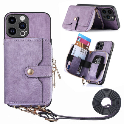 For iPhone 15 Pro Crossbody Multi-function Zipper Wallet Phone Case(Purple) - iPhone 15 Pro Cases by buy2fix | Online Shopping UK | buy2fix