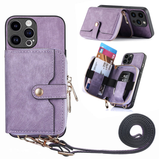 For iPhone 15 Pro Crossbody Multi-function Zipper Wallet Phone Case(Purple) - iPhone 15 Pro Cases by buy2fix | Online Shopping UK | buy2fix