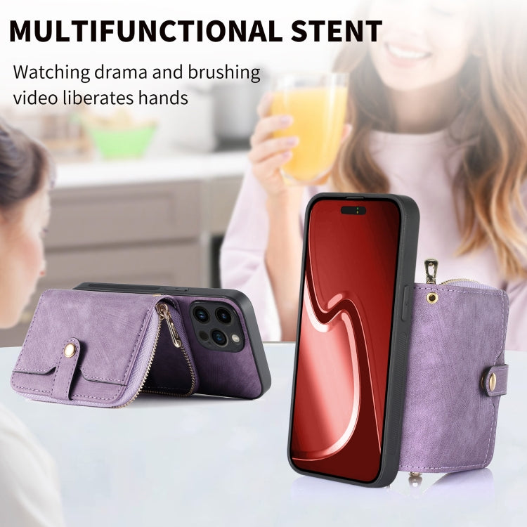 For iPhone 15 Pro Crossbody Multi-function Zipper Wallet Phone Case(Purple) - iPhone 15 Pro Cases by buy2fix | Online Shopping UK | buy2fix
