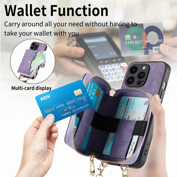For iPhone 15 Pro Crossbody Multi-function Zipper Wallet Phone Case(Purple) - iPhone 15 Pro Cases by buy2fix | Online Shopping UK | buy2fix