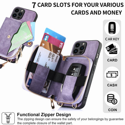 For iPhone 15 Pro Crossbody Multi-function Zipper Wallet Phone Case(Purple) - iPhone 15 Pro Cases by buy2fix | Online Shopping UK | buy2fix
