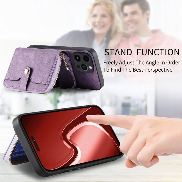 For iPhone 15 Pro Crossbody Multi-function Zipper Wallet Phone Case(Purple) - iPhone 15 Pro Cases by buy2fix | Online Shopping UK | buy2fix