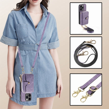 For iPhone 15 Pro Crossbody Multi-function Zipper Wallet Phone Case(Purple) - iPhone 15 Pro Cases by buy2fix | Online Shopping UK | buy2fix