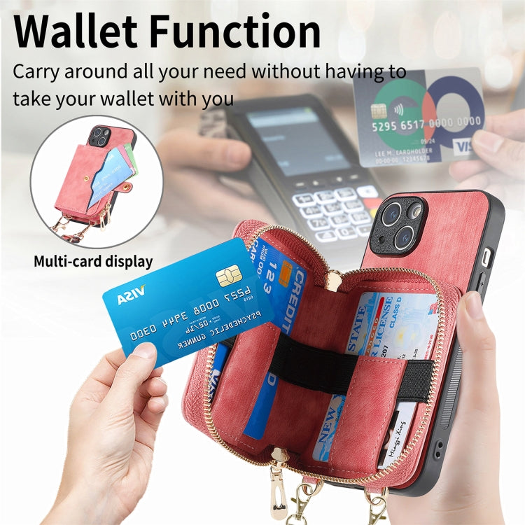 For iPhone 15 Plus Crossbody Multi-function Zipper Wallet Phone Case(Pink) - iPhone 15 Plus Cases by buy2fix | Online Shopping UK | buy2fix