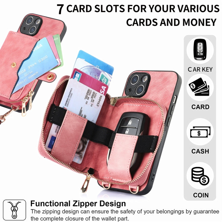 For iPhone 15 Plus Crossbody Multi-function Zipper Wallet Phone Case(Pink) - iPhone 15 Plus Cases by buy2fix | Online Shopping UK | buy2fix