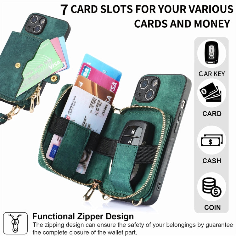 For iPhone 15 Plus Crossbody Multi-function Zipper Wallet Phone Case(Green) - iPhone 15 Plus Cases by buy2fix | Online Shopping UK | buy2fix