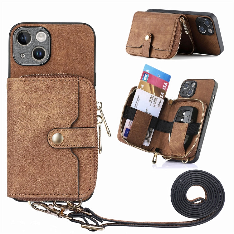 For iPhone 15 Plus Crossbody Multi-function Zipper Wallet Phone Case(Brown) - iPhone 15 Plus Cases by buy2fix | Online Shopping UK | buy2fix
