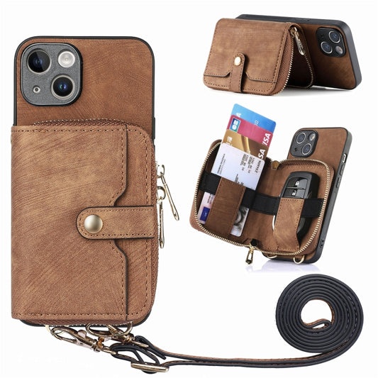 For iPhone 15 Plus Crossbody Multi-function Zipper Wallet Phone Case(Brown) - iPhone 15 Plus Cases by buy2fix | Online Shopping UK | buy2fix