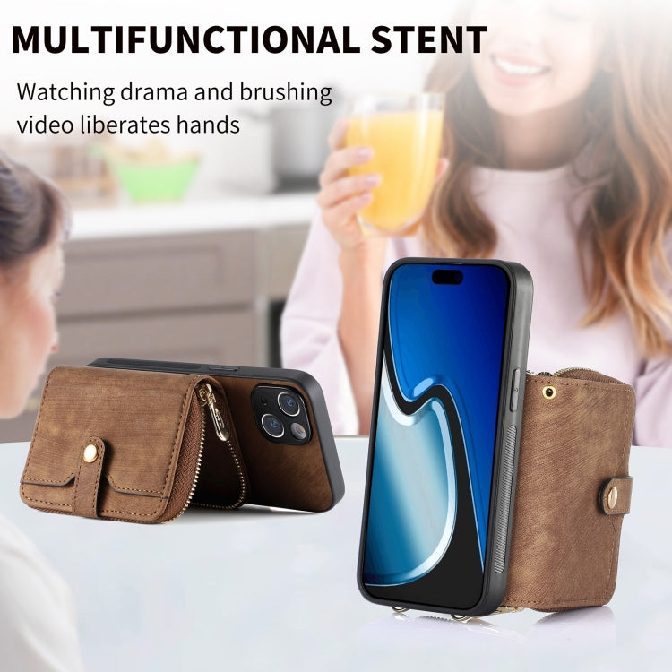 For iPhone 15 Plus Crossbody Multi-function Zipper Wallet Phone Case(Brown) - iPhone 15 Plus Cases by buy2fix | Online Shopping UK | buy2fix